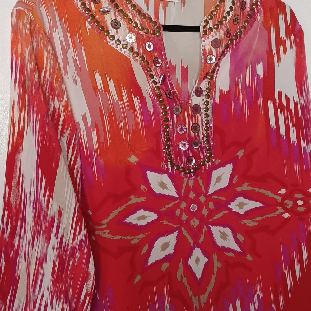 Chico's Red and Pink Blouse with Embellished Neckline